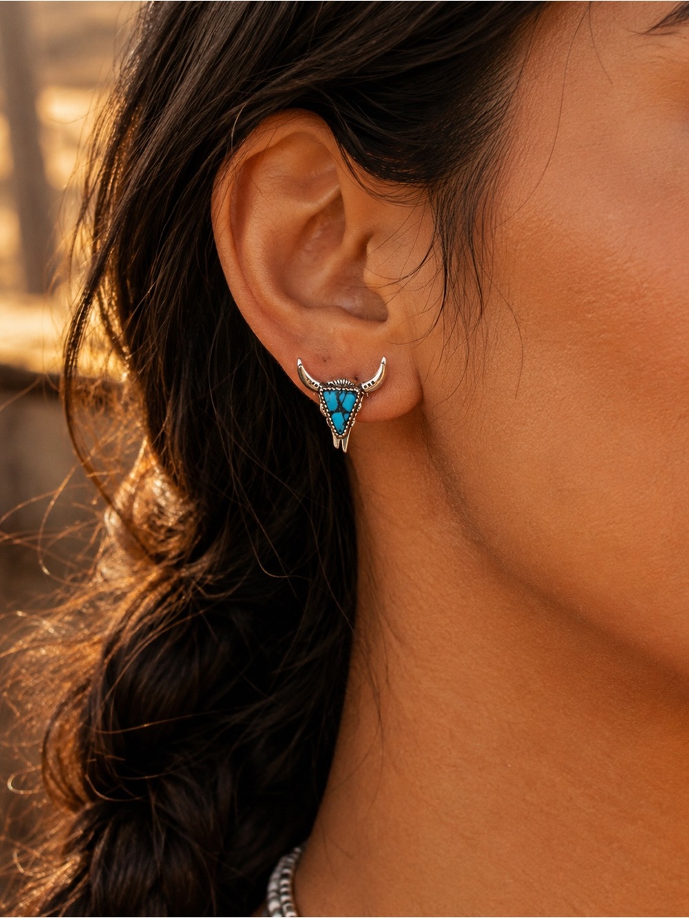 Myra Bag Turquoise Bull Skull Stud Earrings - Picture 4 of 8